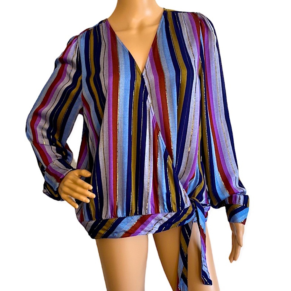 🆕 A.N.A. | STRIPED WRAP & TIE TOP W/ METALLIC GOLD STITCHING
